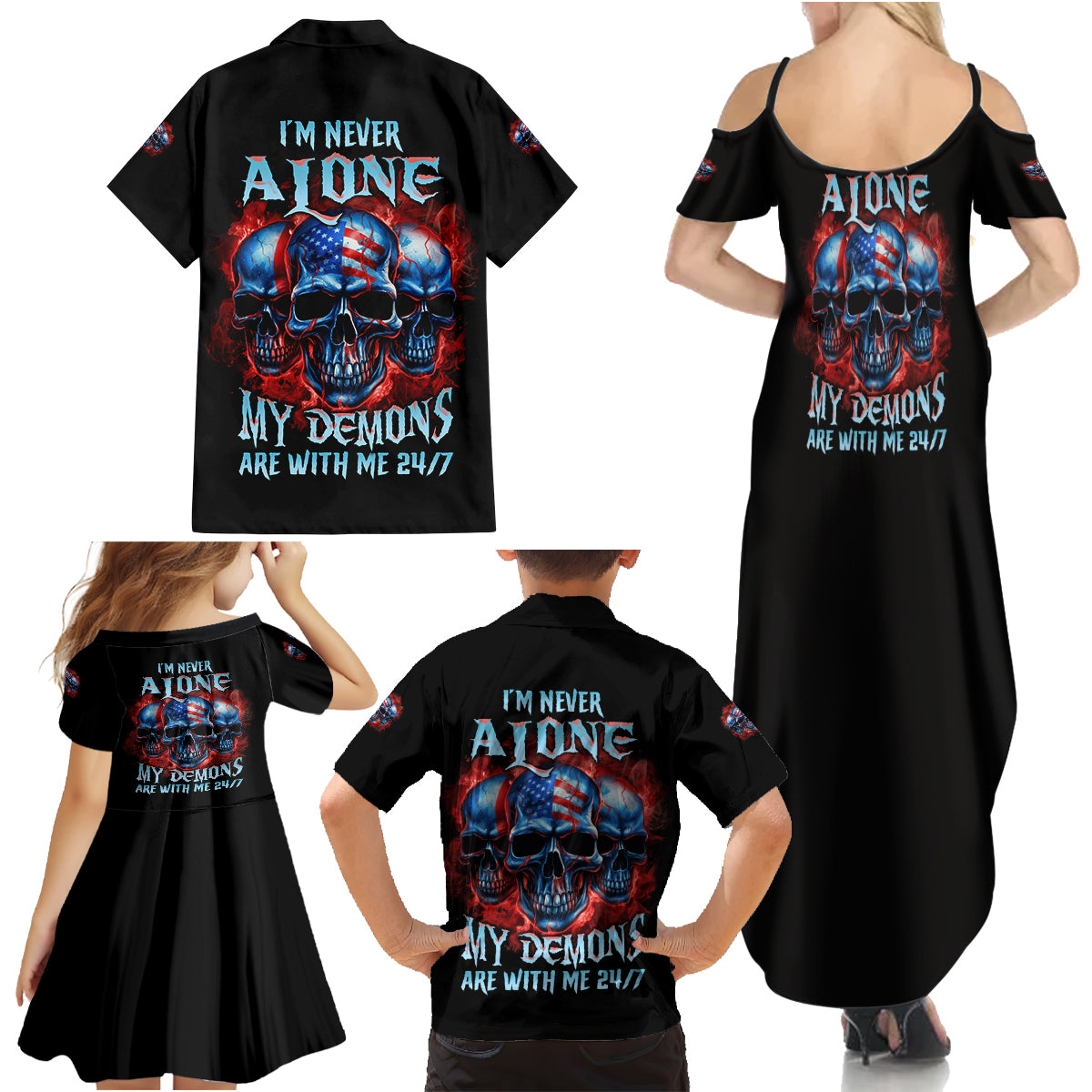 I'm Never Alone My Demons Are With Me 24/7 Family Matching Summer Maxi Dress and Hawaiian Shirt - Wonder Print Shop