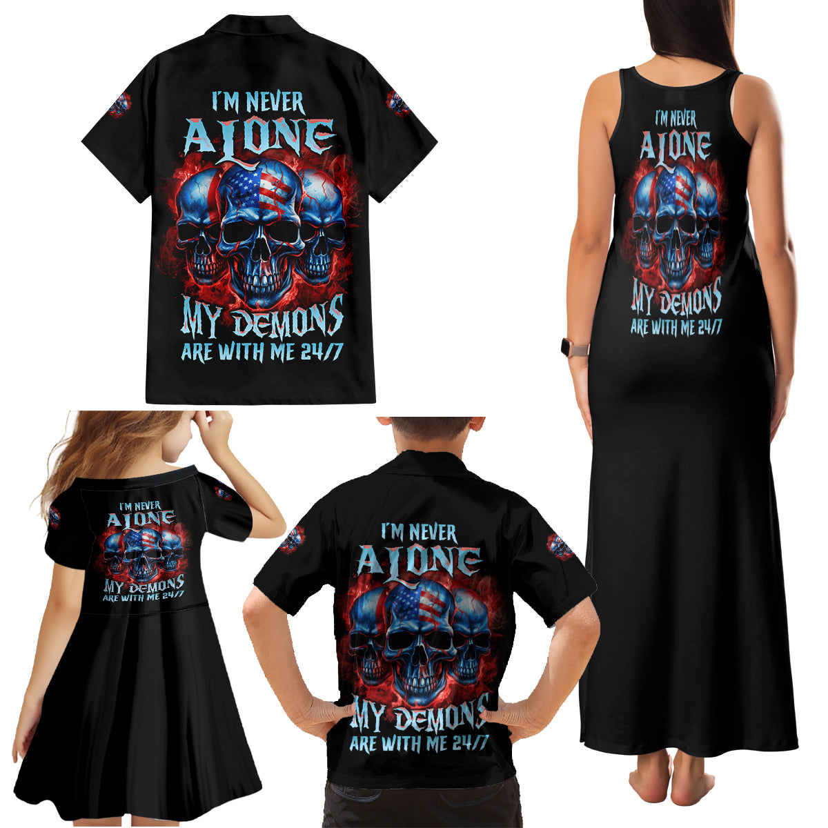 I'm Never Alone My Demons Are With Me 24/7 Family Matching Tank Maxi Dress and Hawaiian Shirt - Wonder Print Shop