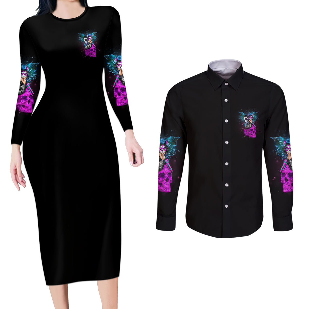 In My Next Life - I Want To Be The Karma Fairy Couples Matching Long Sleeve Bodycon Dress and Long Sleeve Button Shirt - Wonder Print Shop