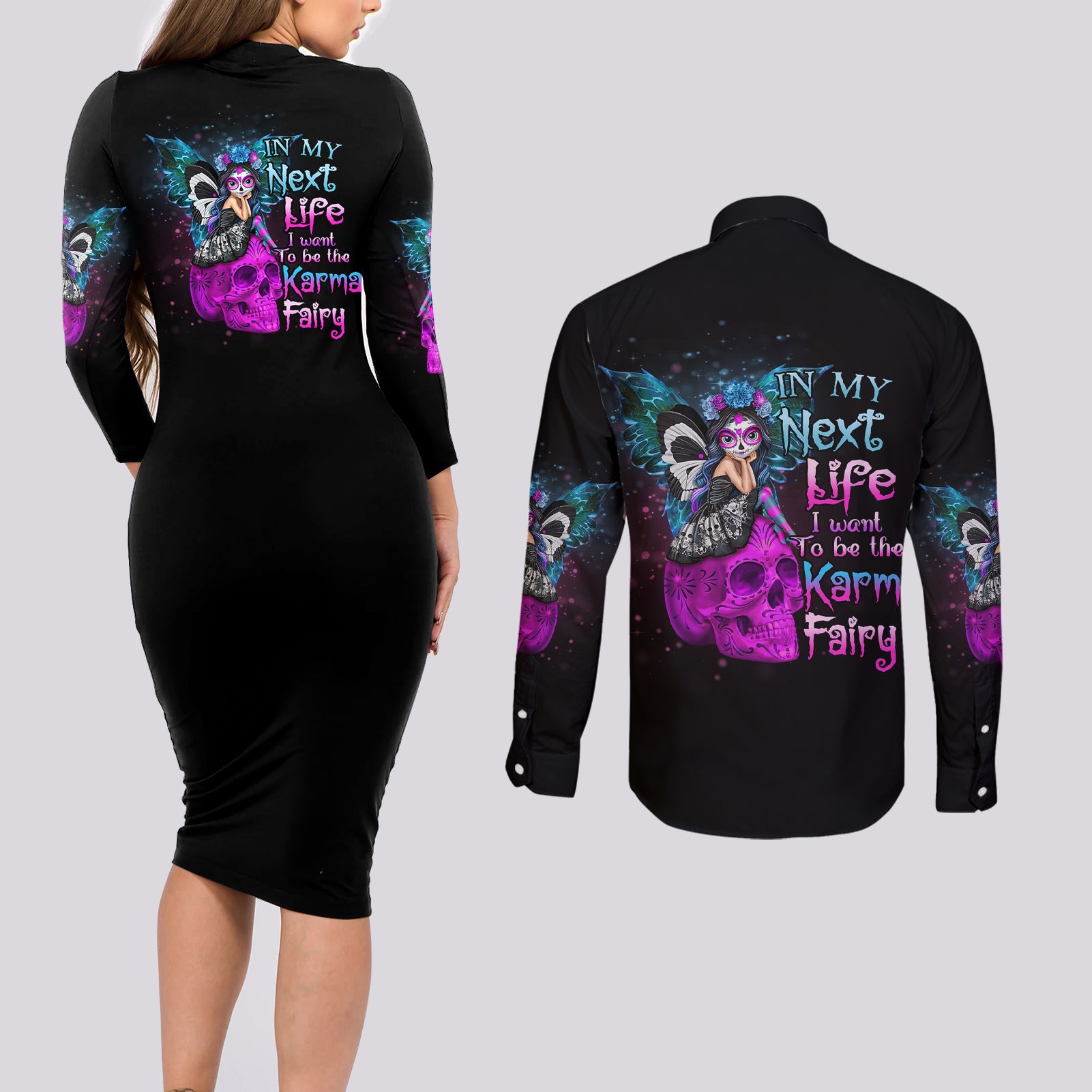 In My Next Life - I Want To Be The Karma Fairy Couples Matching Long Sleeve Bodycon Dress and Long Sleeve Button Shirt - Wonder Print Shop