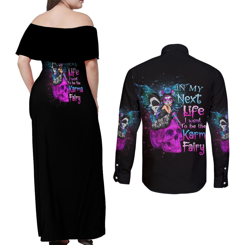 In My Next Life - I Want To Be The Karma Fairy Couples Matching Off Shoulder Maxi Dress and Long Sleeve Button Shirt - Wonder Print Shop