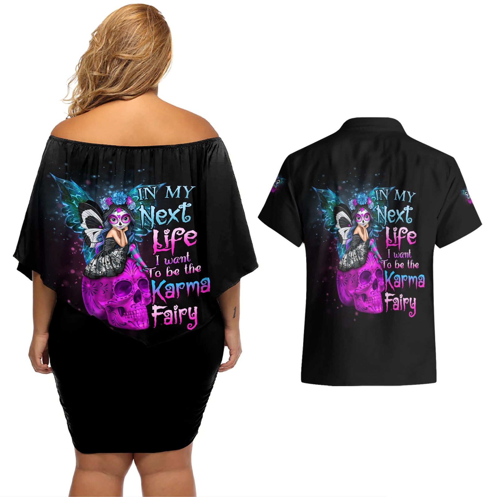 In My Next Life - I Want To Be The Karma Fairy Couples Matching Off Shoulder Short Dress and Hawaiian Shirt - Wonder Print Shop