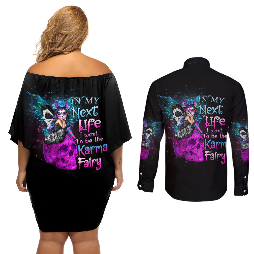 In My Next Life - I Want To Be The Karma Fairy Couples Matching Off Shoulder Short Dress and Long Sleeve Button Shirt - Wonder Print Shop