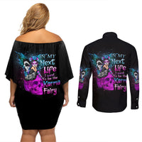 In My Next Life - I Want To Be The Karma Fairy Couples Matching Off Shoulder Short Dress and Long Sleeve Button Shirt - Wonder Print Shop