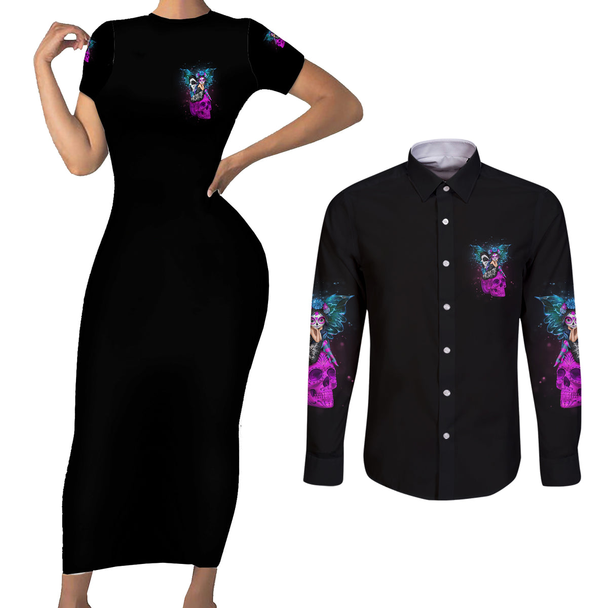 In My Next Life - I Want To Be The Karma Fairy Couples Matching Short Sleeve Bodycon Dress and Long Sleeve Button Shirt - Wonder Print Shop