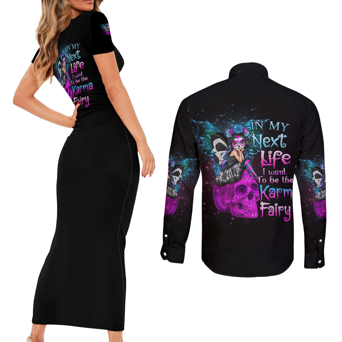 In My Next Life - I Want To Be The Karma Fairy Couples Matching Short Sleeve Bodycon Dress and Long Sleeve Button Shirt - Wonder Print Shop
