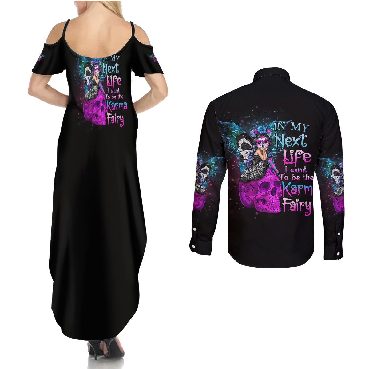 In My Next Life - I Want To Be The Karma Fairy Couples Matching Summer Maxi Dress and Long Sleeve Button Shirt - Wonder Print Shop