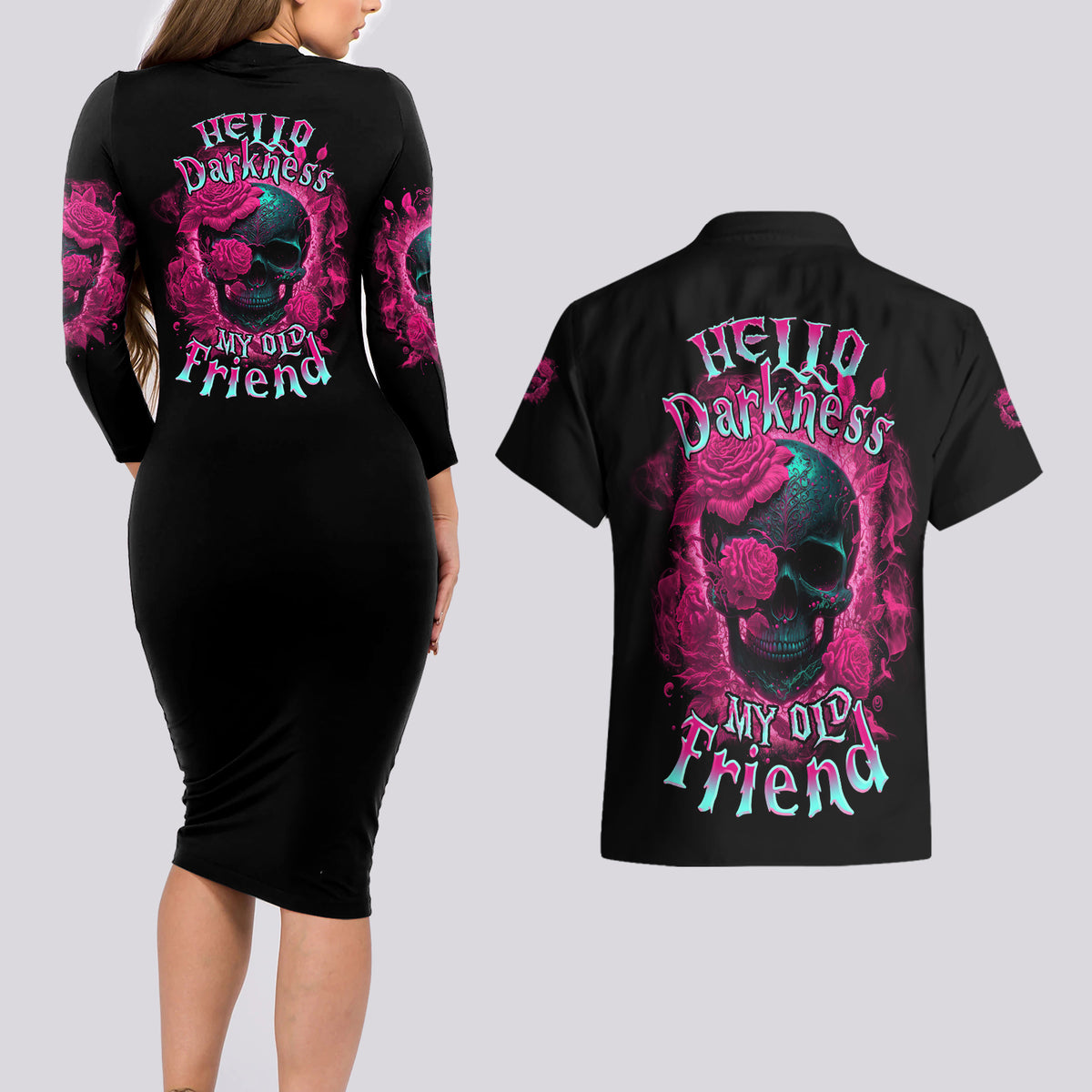 Hello Darkness My Old Friend Couples Matching Long Sleeve Bodycon Dress and Hawaiian Shirt - Wonder Print Shop