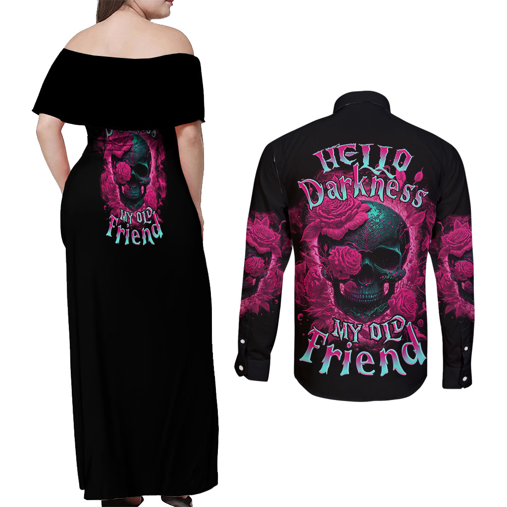 Hello Darkness My Old Friend Couples Matching Off Shoulder Maxi Dress and Long Sleeve Button Shirt - Wonder Print Shop