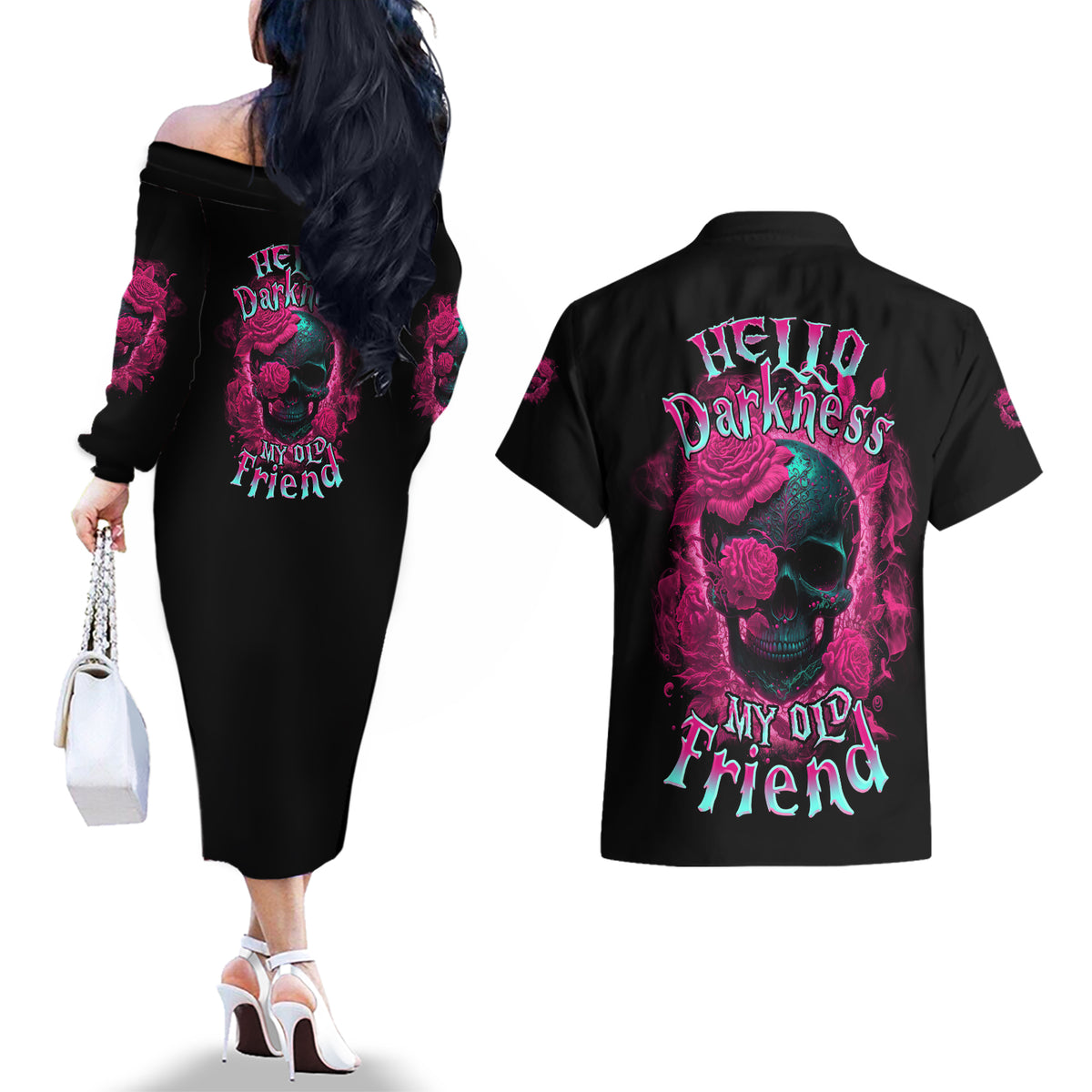 Hello Darkness My Old Friend Couples Matching Off The Shoulder Long Sleeve Dress and Hawaiian Shirt - Wonder Print Shop
