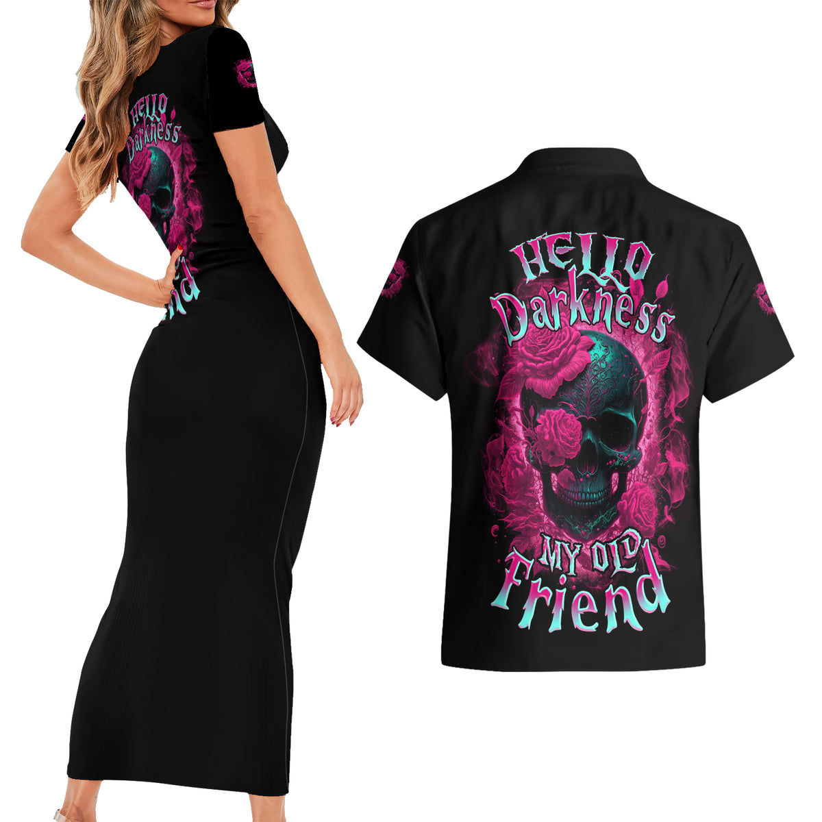 Hello Darkness My Old Friend Couples Matching Short Sleeve Bodycon Dress and Hawaiian Shirt - Wonder Print Shop