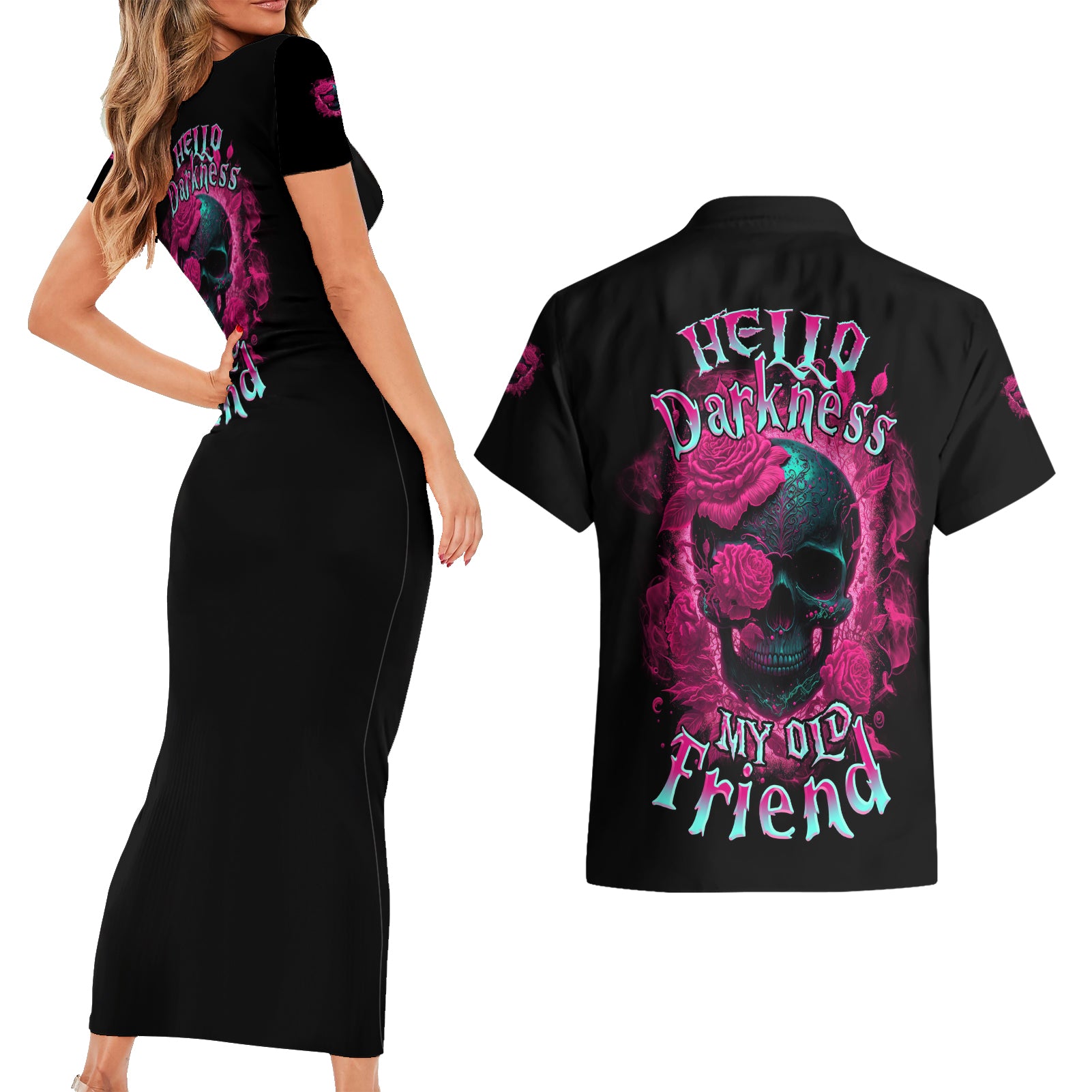 Hello Darkness My Old Friend Couples Matching Short Sleeve Bodycon Dress and Hawaiian Shirt - Wonder Print Shop