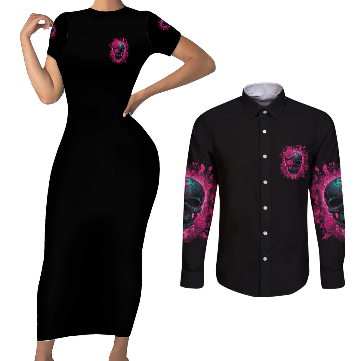 Hello Darkness My Old Friend Couples Matching Short Sleeve Bodycon Dress and Long Sleeve Button Shirt - Wonder Print Shop