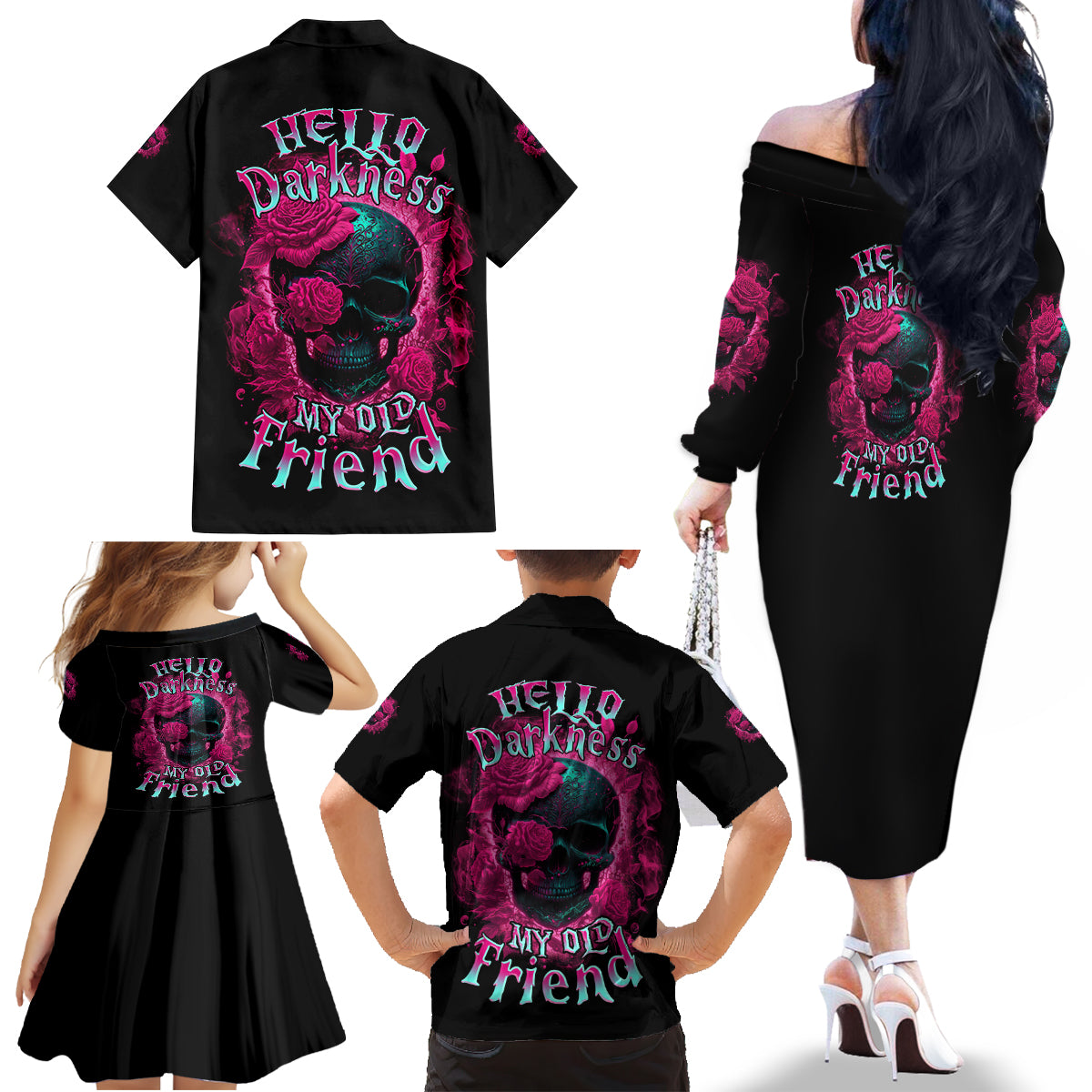 Hello Darkness My Old Friend Family Matching Off Shoulder Long Sleeve Dress and Hawaiian Shirt - Wonder Print Shop