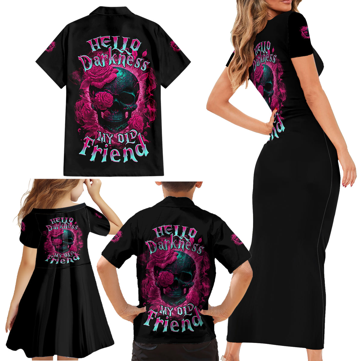 Hello Darkness My Old Friend Family Matching Short Sleeve Bodycon Dress and Hawaiian Shirt - Wonder Print Shop