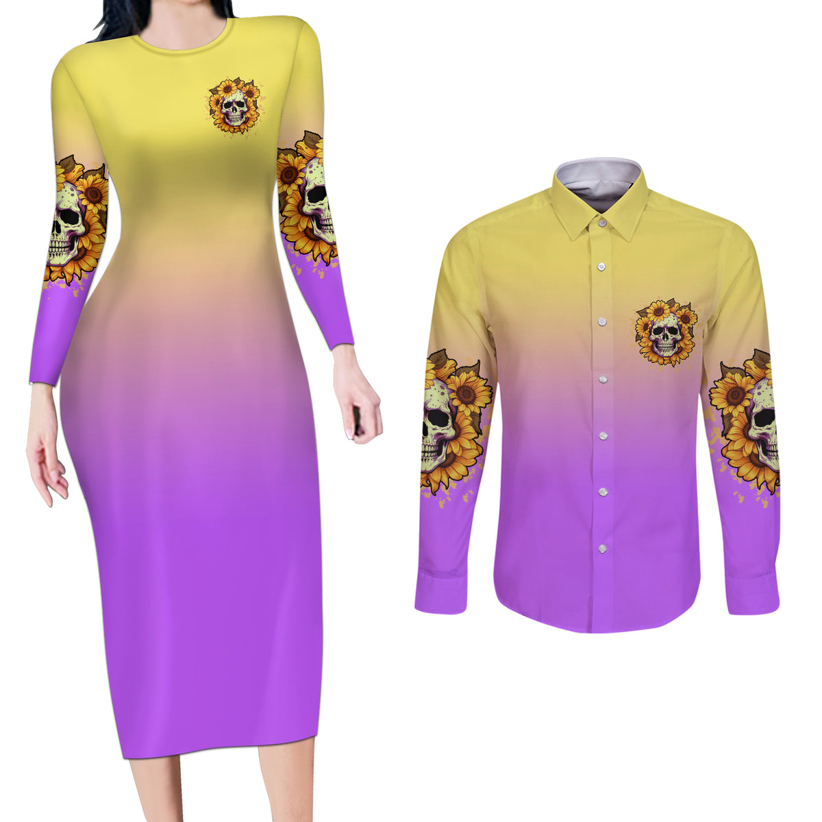 I'm Blunt Because God Rolled Me Sunflower Couples Matching Long Sleeve Bodycon Dress and Long Sleeve Button Shirt - Wonder Print Shop