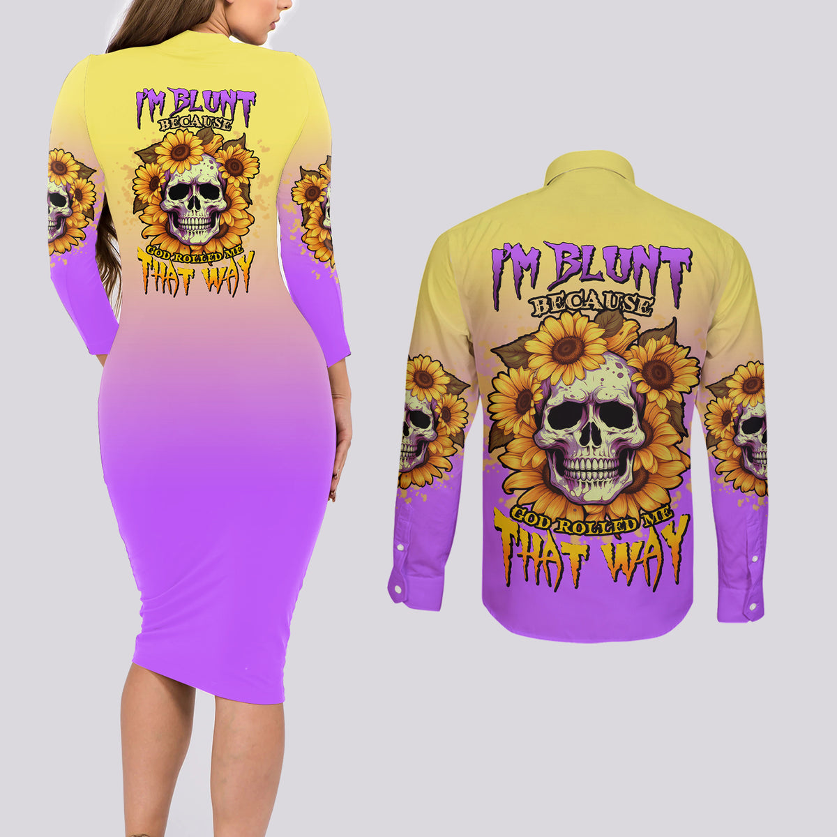 I'm Blunt Because God Rolled Me Sunflower Couples Matching Long Sleeve Bodycon Dress and Long Sleeve Button Shirt - Wonder Print Shop