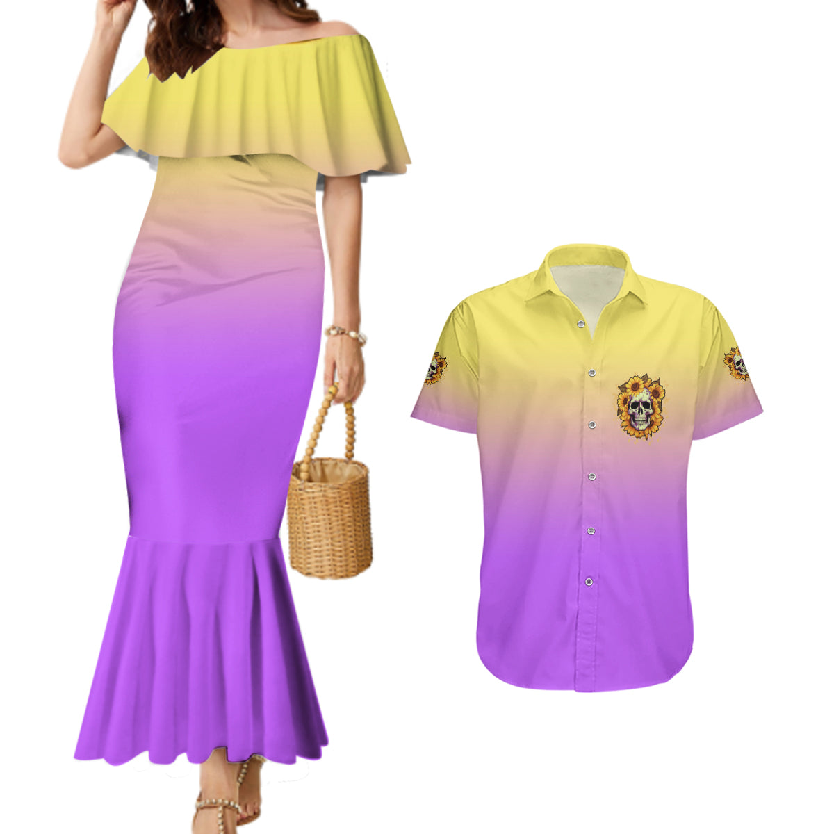 I'm Blunt Because God Rolled Me Sunflower Couples Matching Mermaid Dress and Hawaiian Shirt - Wonder Print Shop