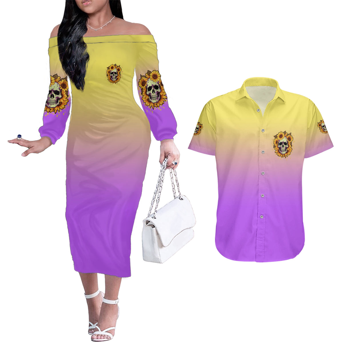 I'm Blunt Because God Rolled Me Sunflower Couples Matching Off The Shoulder Long Sleeve Dress and Hawaiian Shirt - Wonder Print Shop