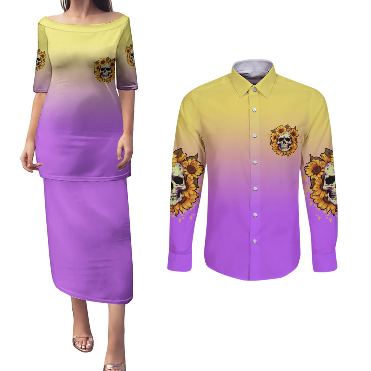 I'm Blunt Because God Rolled Me Sunflower Couples Matching Puletasi Dress and Long Sleeve Button Shirt - Wonder Print Shop