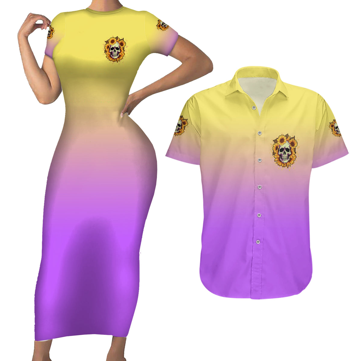 I'm Blunt Because God Rolled Me Sunflower Couples Matching Short Sleeve Bodycon Dress and Hawaiian Shirt - Wonder Print Shop