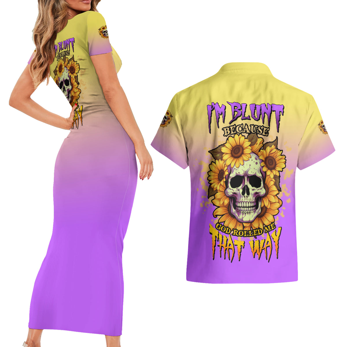 I'm Blunt Because God Rolled Me Sunflower Couples Matching Short Sleeve Bodycon Dress and Hawaiian Shirt - Wonder Print Shop