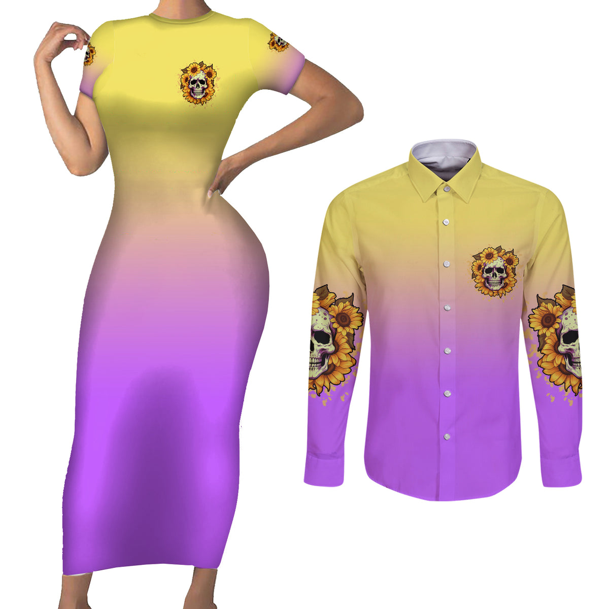 I'm Blunt Because God Rolled Me Sunflower Couples Matching Short Sleeve Bodycon Dress and Long Sleeve Button Shirt - Wonder Print Shop