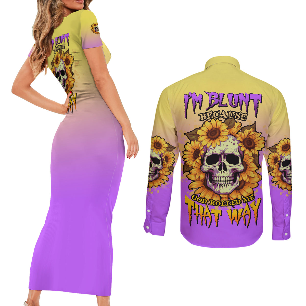 I'm Blunt Because God Rolled Me Sunflower Couples Matching Short Sleeve Bodycon Dress and Long Sleeve Button Shirt - Wonder Print Shop