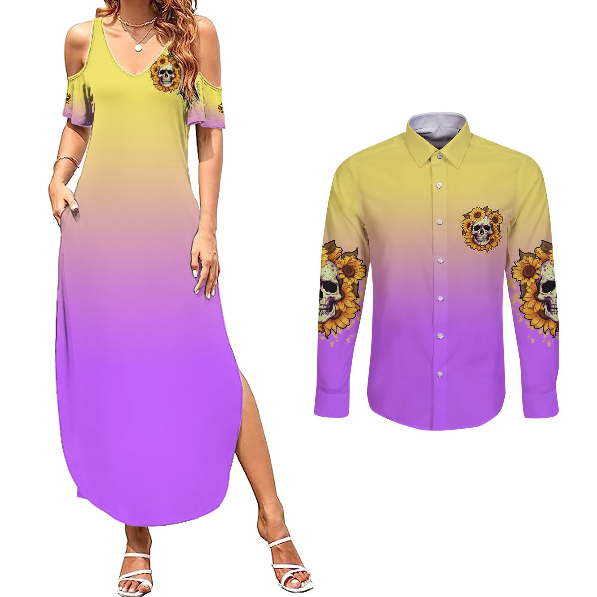 I'm Blunt Because God Rolled Me Sunflower Couples Matching Summer Maxi Dress and Long Sleeve Button Shirt - Wonder Print Shop