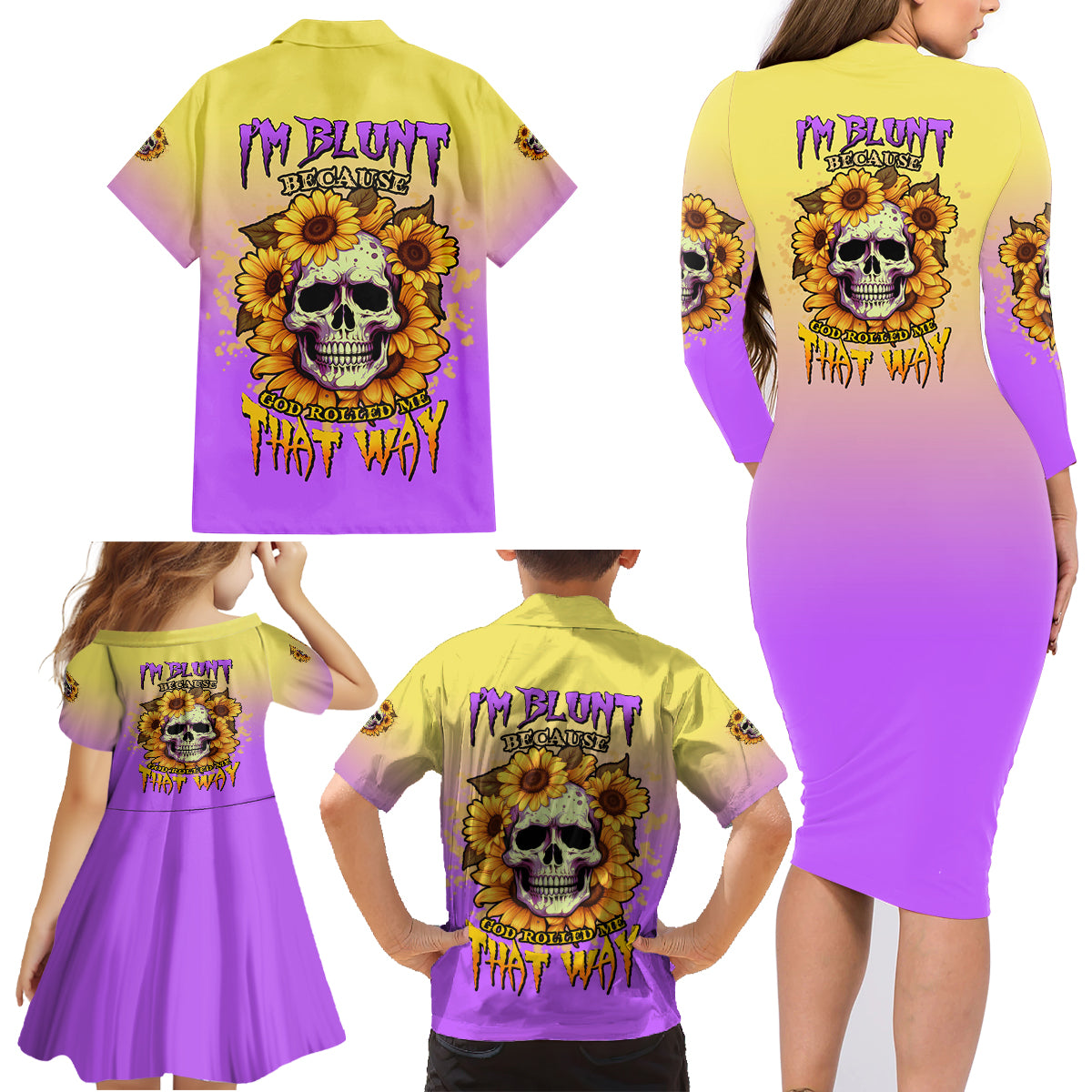 I'm Blunt Because God Rolled Me Sunflower Family Matching Long Sleeve Bodycon Dress and Hawaiian Shirt - Wonder Print Shop