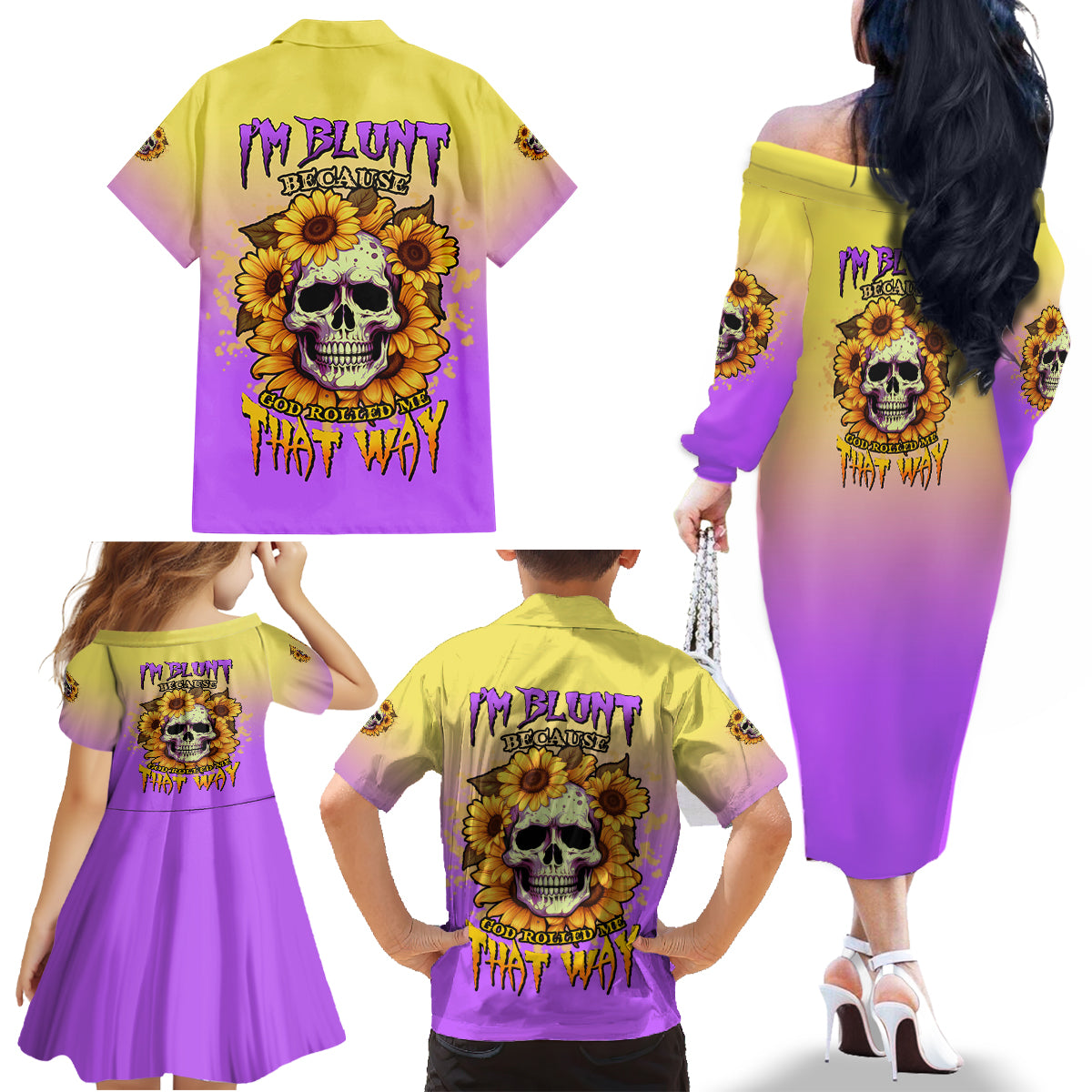 I'm Blunt Because God Rolled Me Sunflower Family Matching Off Shoulder Long Sleeve Dress and Hawaiian Shirt - Wonder Print Shop