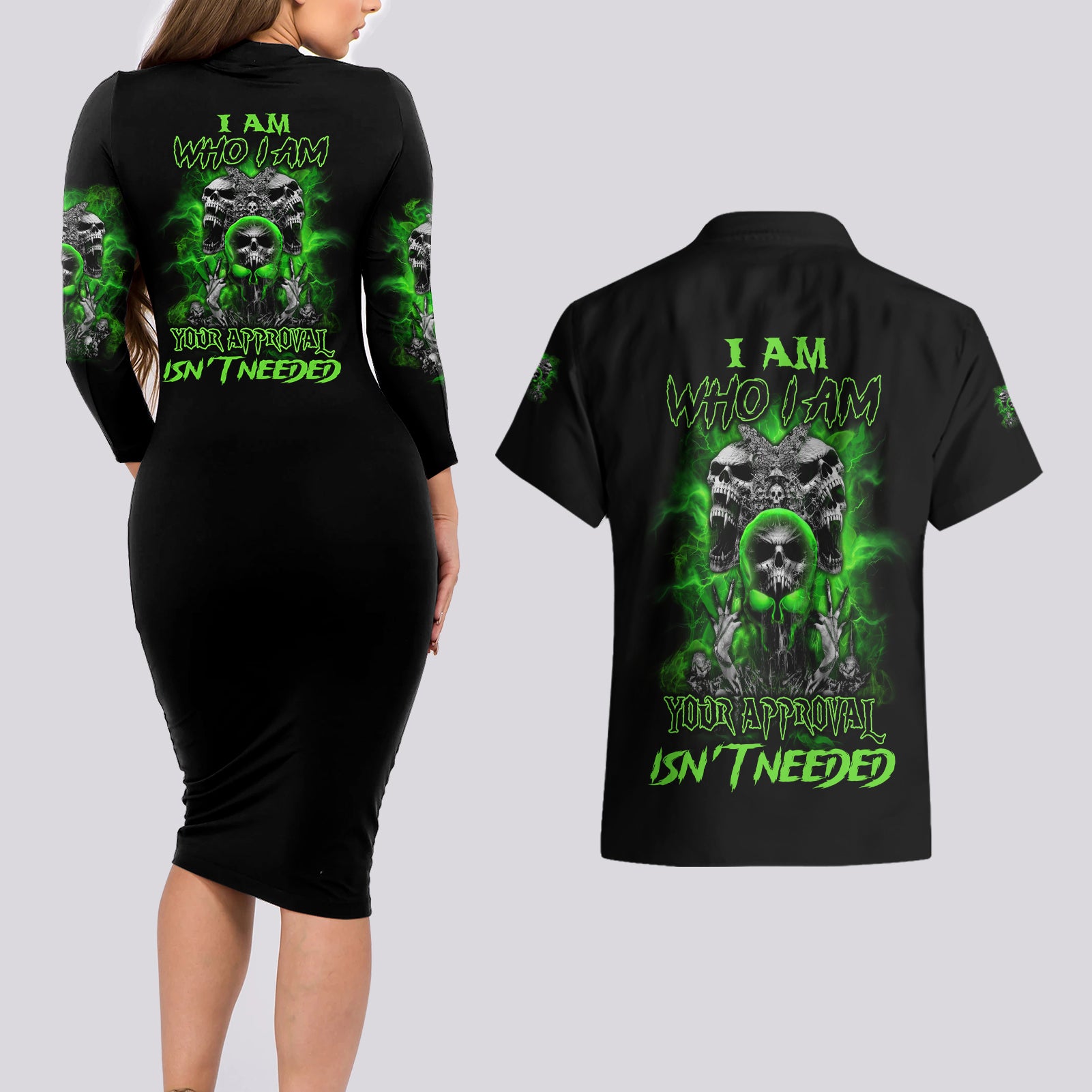 I Am Who I Am Skull Couples Matching Long Sleeve Bodycon Dress and Hawaiian Shirt - Wonder Print Shop