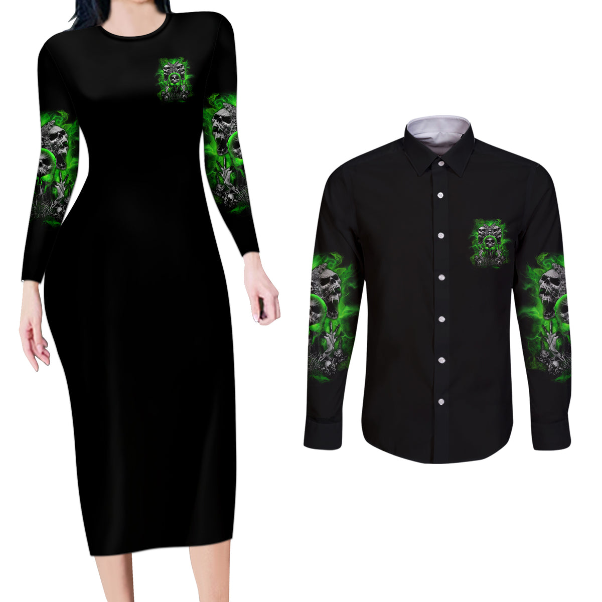I Am Who I Am Skull Couples Matching Long Sleeve Bodycon Dress and Long Sleeve Button Shirt - Wonder Print Shop