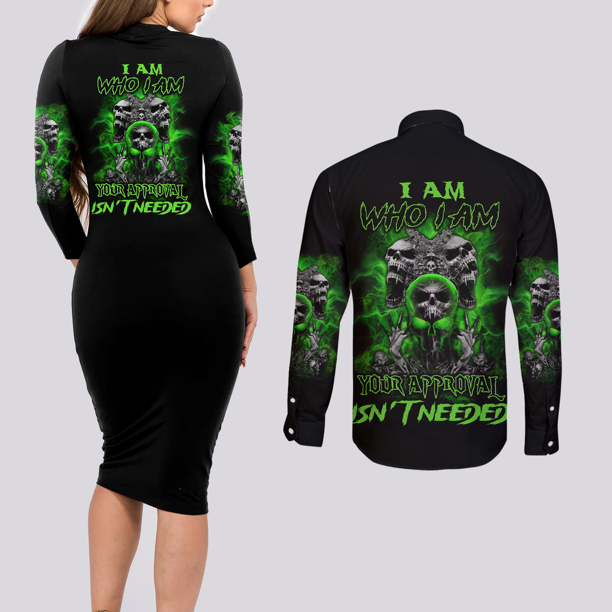 I Am Who I Am Skull Couples Matching Long Sleeve Bodycon Dress and Long Sleeve Button Shirt - Wonder Print Shop