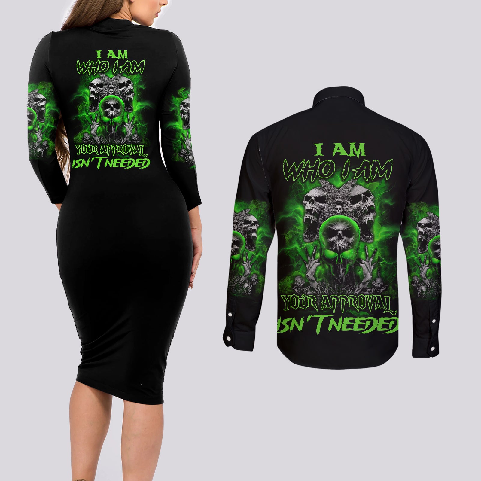 I Am Who I Am Skull Couples Matching Long Sleeve Bodycon Dress and Long Sleeve Button Shirt - Wonder Print Shop