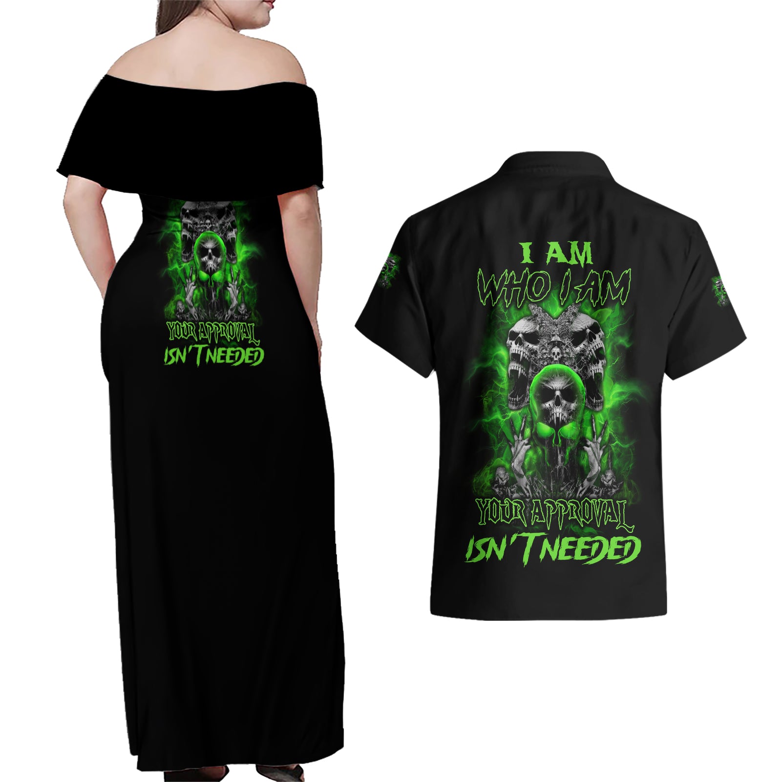 I Am Who I Am Skull Couples Matching Off Shoulder Maxi Dress and Hawaiian Shirt - Wonder Print Shop