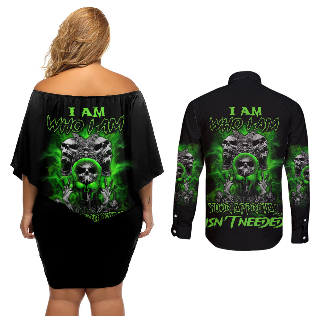 I Am Who I Am Skull Couples Matching Off Shoulder Short Dress and Long Sleeve Button Shirt - Wonder Print Shop