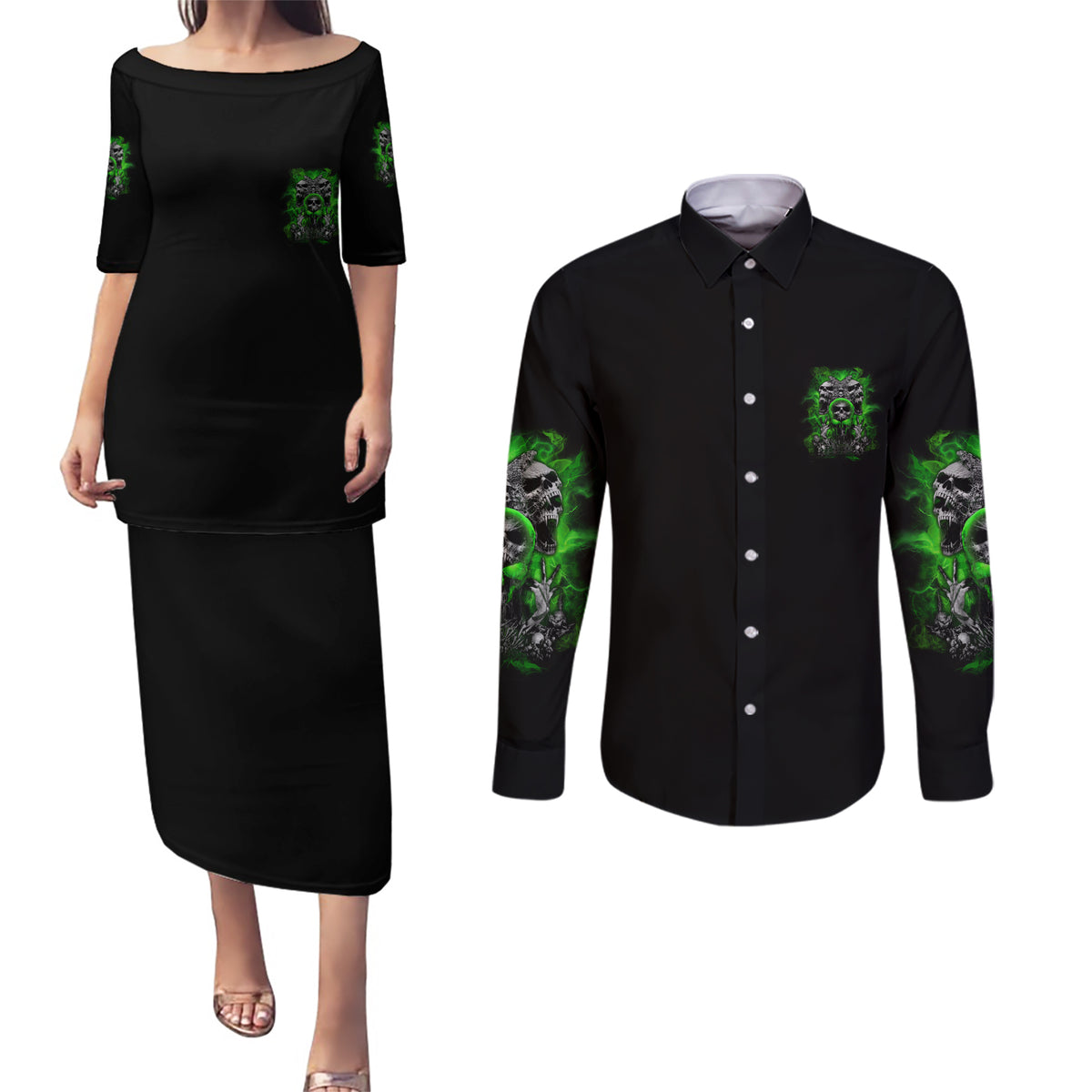 I Am Who I Am Skull Couples Matching Puletasi Dress and Long Sleeve Button Shirt - Wonder Print Shop