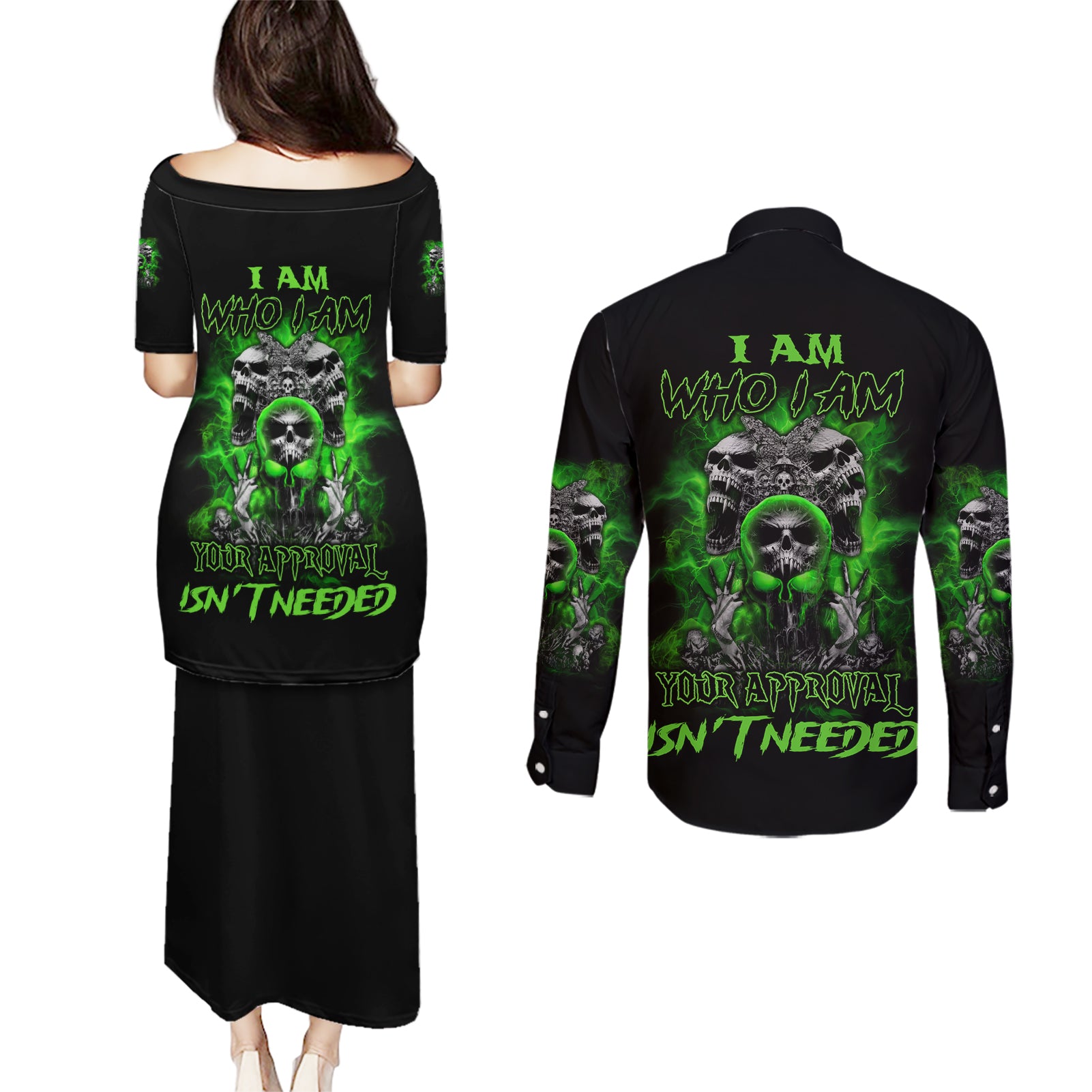 I Am Who I Am Skull Couples Matching Puletasi Dress and Long Sleeve Button Shirt - Wonder Print Shop
