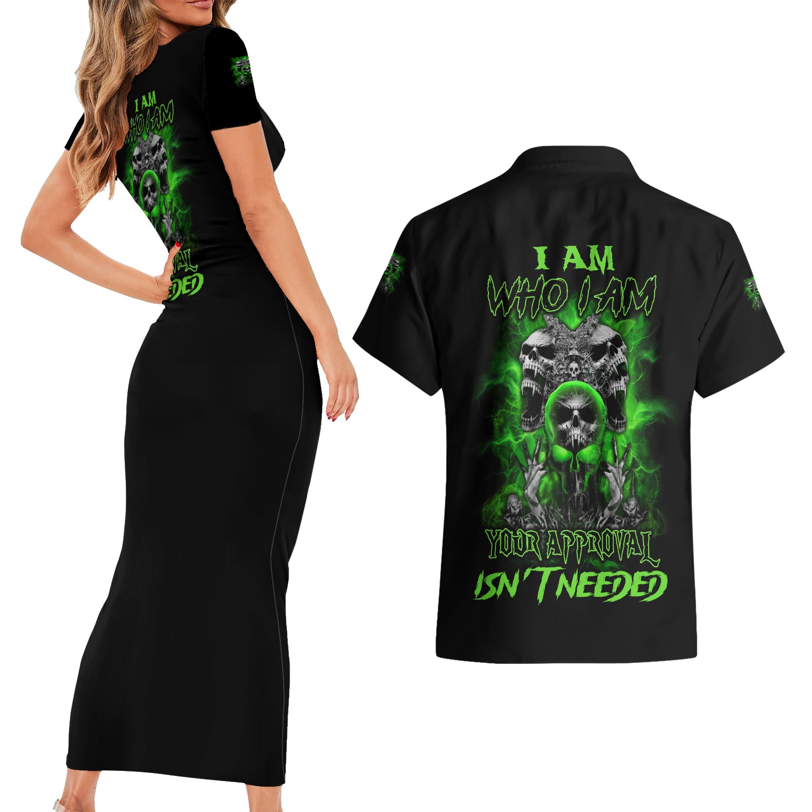 I Am Who I Am Skull Couples Matching Short Sleeve Bodycon Dress and Hawaiian Shirt - Wonder Print Shop