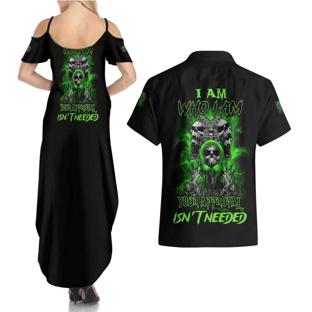 I Am Who I Am Skull Couples Matching Summer Maxi Dress and Hawaiian Shirt - Wonder Print Shop