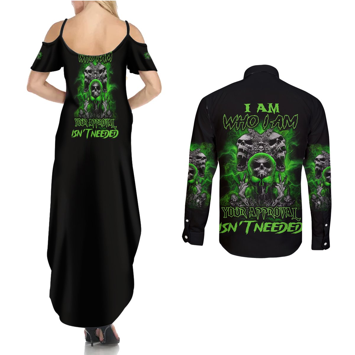 I Am Who I Am Skull Couples Matching Summer Maxi Dress and Long Sleeve Button Shirt - Wonder Print Shop