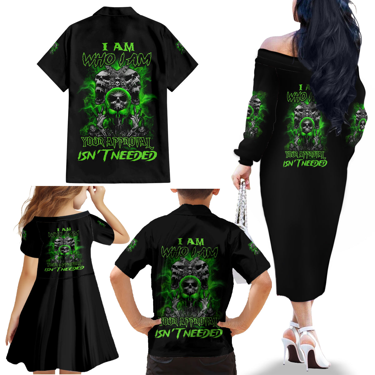 I Am Who I Am Skull Family Matching Off Shoulder Long Sleeve Dress and Hawaiian Shirt - Wonder Print Shop