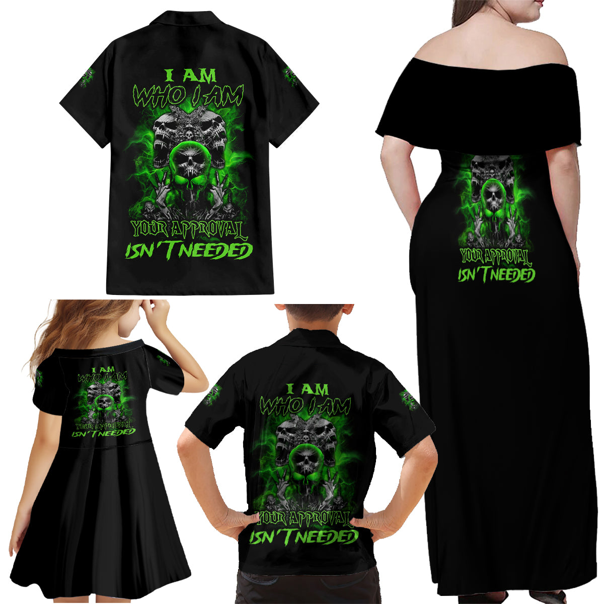 I Am Who I Am Skull Family Matching Off Shoulder Maxi Dress and Hawaiian Shirt - Wonder Print Shop