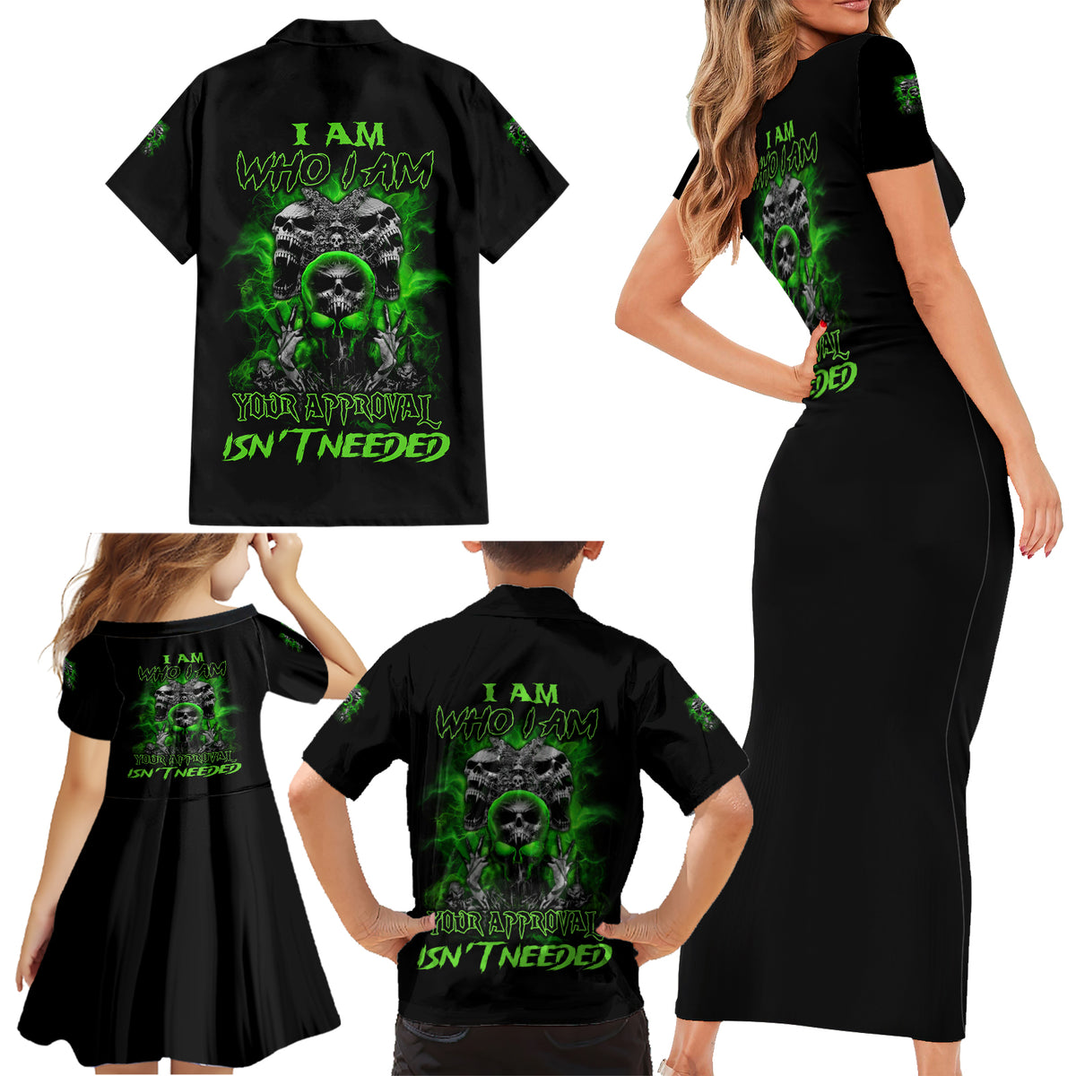 I Am Who I Am Skull Family Matching Short Sleeve Bodycon Dress and Hawaiian Shirt - Wonder Print Shop
