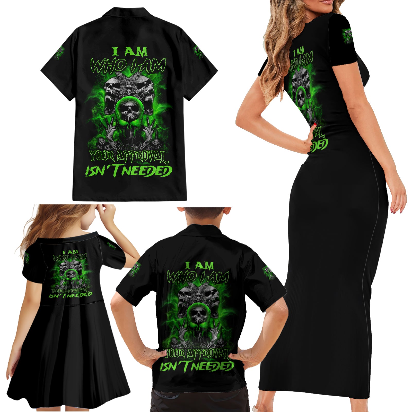 I Am Who I Am Skull Family Matching Short Sleeve Bodycon Dress and Hawaiian Shirt - Wonder Print Shop