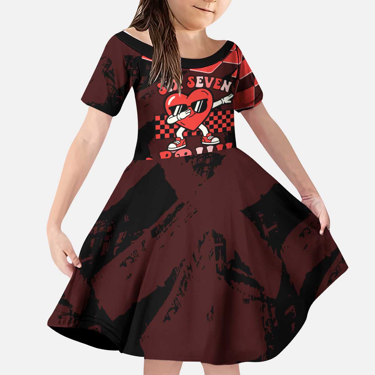 Six Seven Bruh Heart Kid Short Sleeve Dress 67 Meme Cool Valentine’s Day Character Dabbing