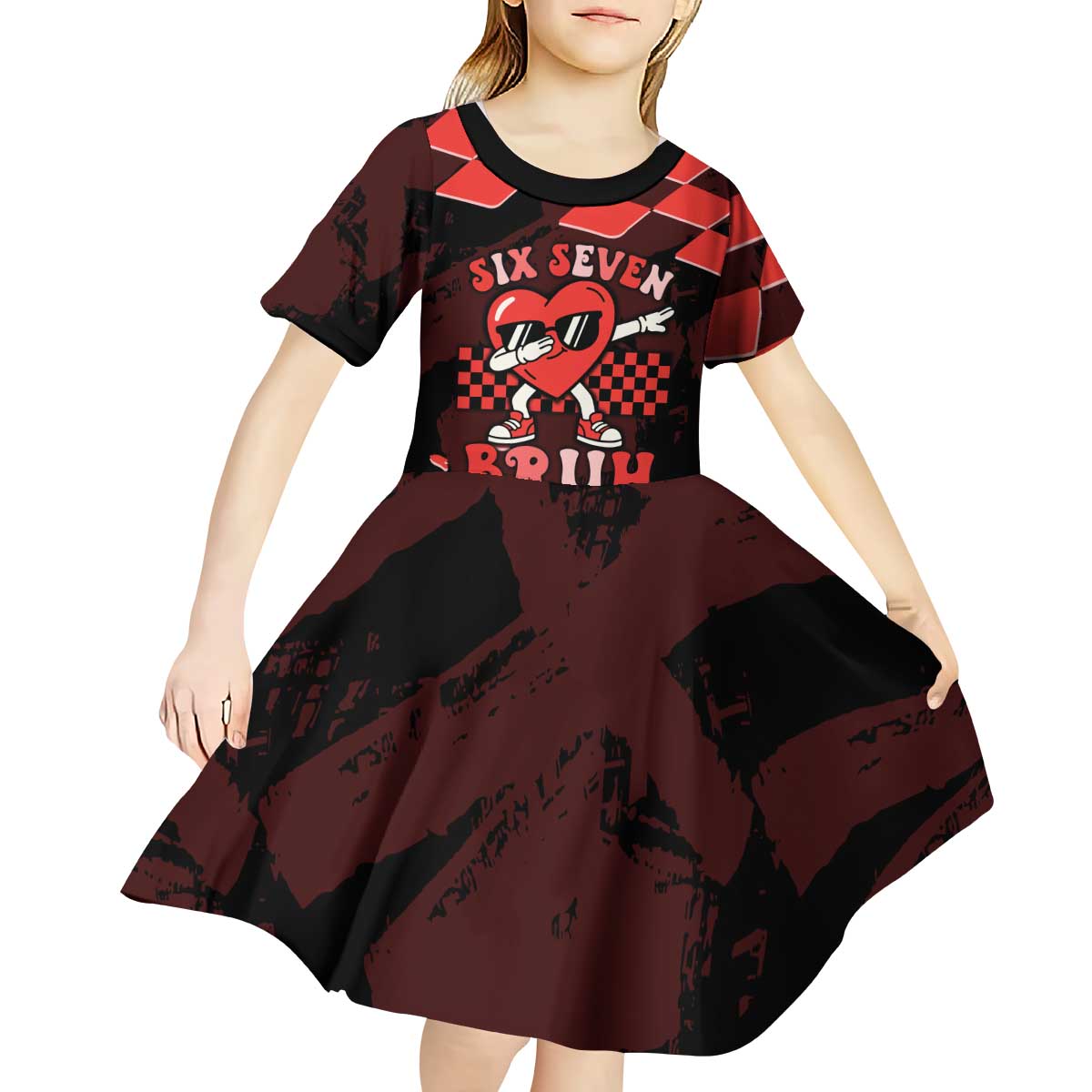 Six Seven Bruh Heart Kid Short Sleeve Dress 67 Meme Cool Valentine’s Day Character Dabbing