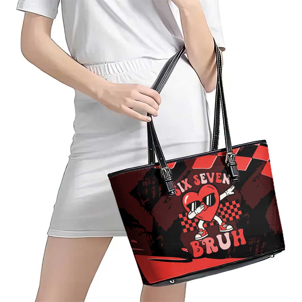 Six Seven Bruh Heart Leather Tote Bag 67 Meme Cool Valentine’s Day Character Dabbing