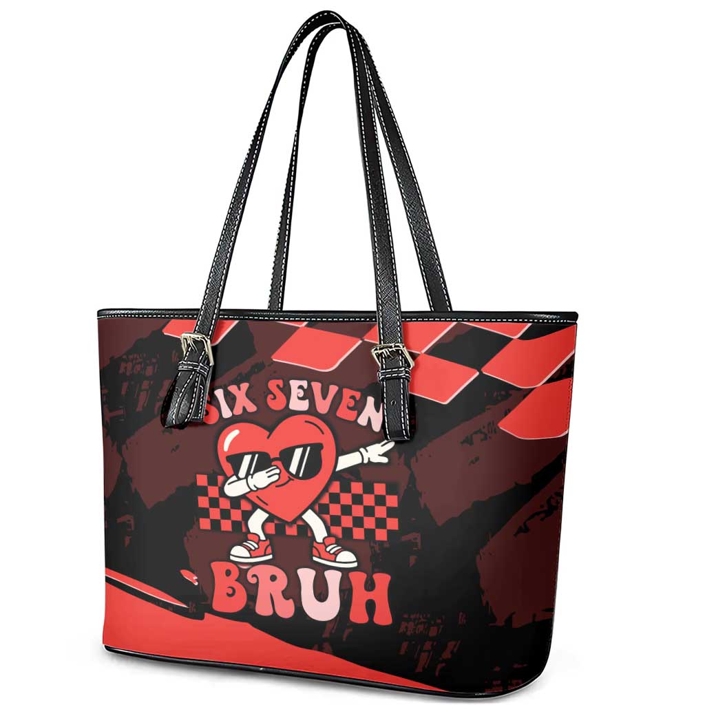 Six Seven Bruh Heart Leather Tote Bag 67 Meme Cool Valentine’s Day Character Dabbing
